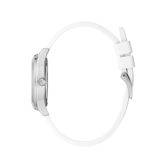 Side view of GUESS Mod. PEARL wristwatch with silicone strap and stainless steel case.