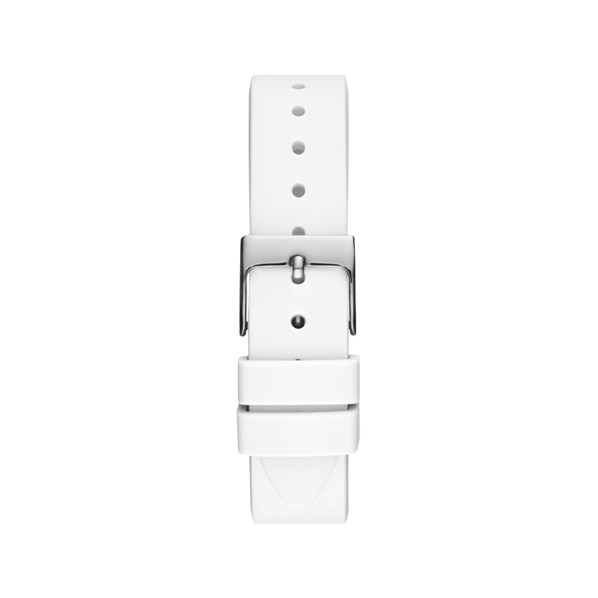 Back view of GUESS Mod. PEARL wristwatch with white silicone strap, stainless steel buckle, and 3 ATM water resistance.