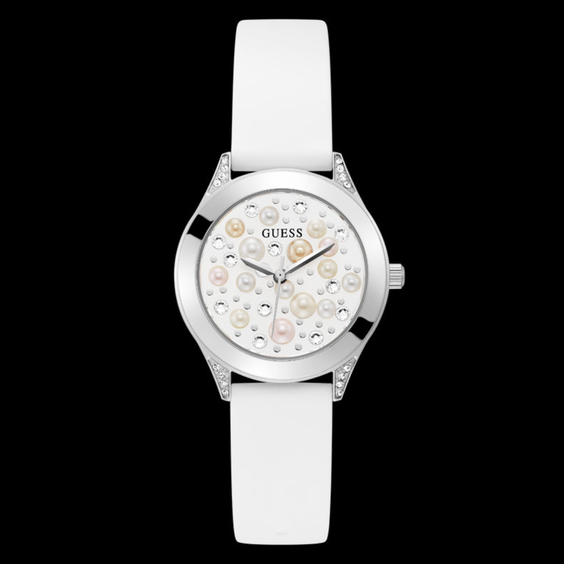 GUESS Mod. PEARL ladies wristwatch with stainless steel case and silicone strap, featuring a quartz movement and water resistance of 3 ATM.