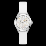 GUESS Mod. PEARL ladies wristwatch with stainless steel case and silicone strap, featuring a quartz movement and water resistance of 3 ATM.