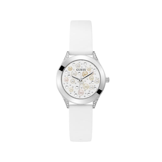 GUESS Mod. PEARL ladies wristwatch in white silicone with stainless steel case, 36mm water-resistant 3 ATM, quartz movement.