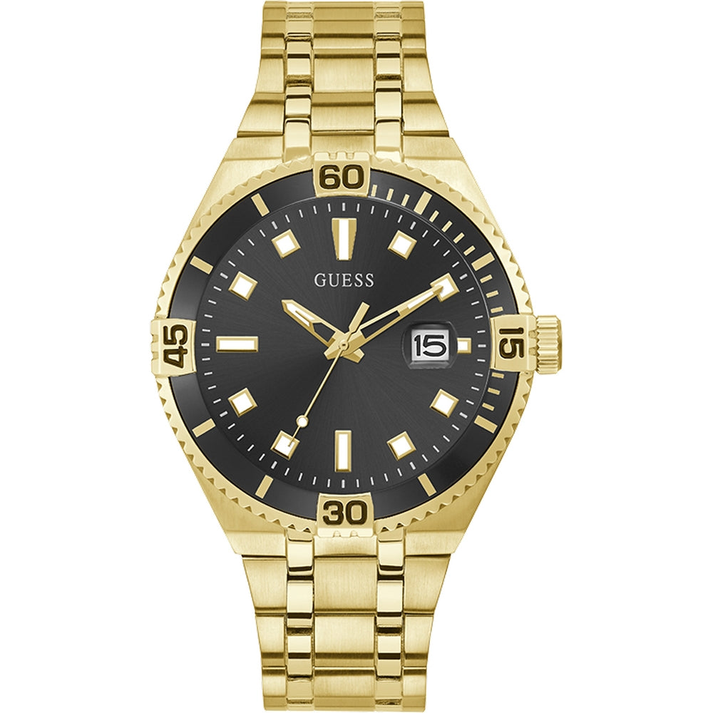 Gold GUESS Mod. PREMIER wristwatch with black dial, date display, quartz movement, and 3 ATM water resistance in official packaging.