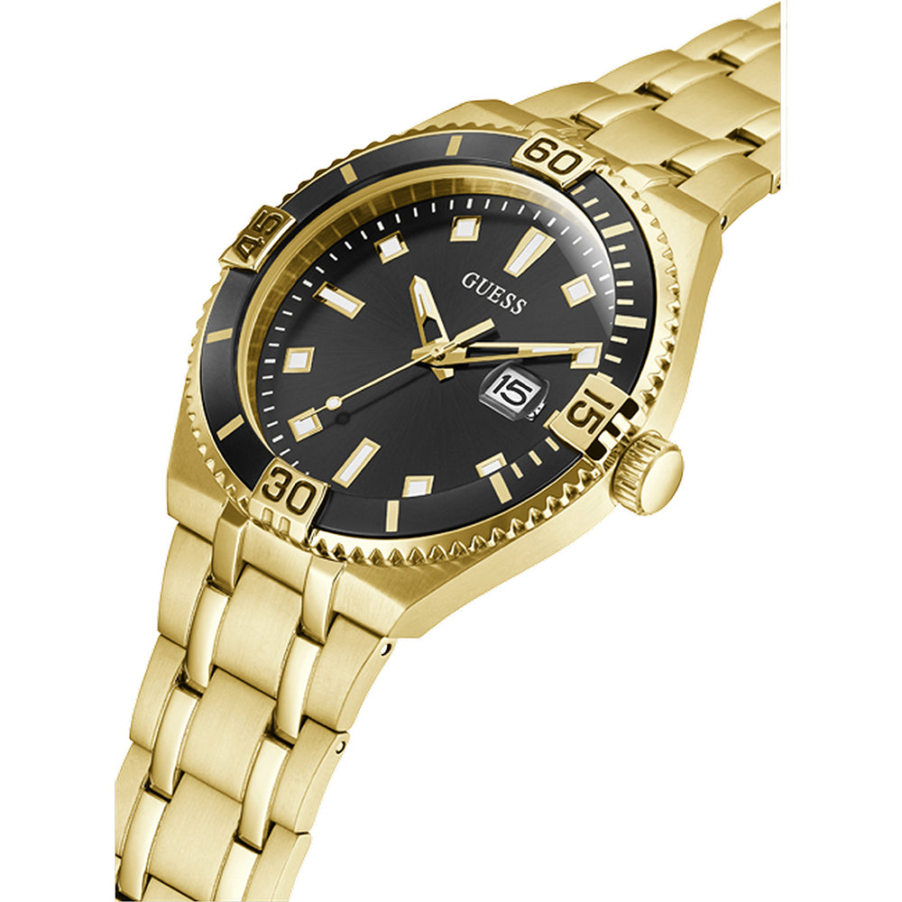 GUESS Mod. PREMIER gold wristwatch with quartz movement and calendar, 3 ATM water resistant, mineral dial, official packaging