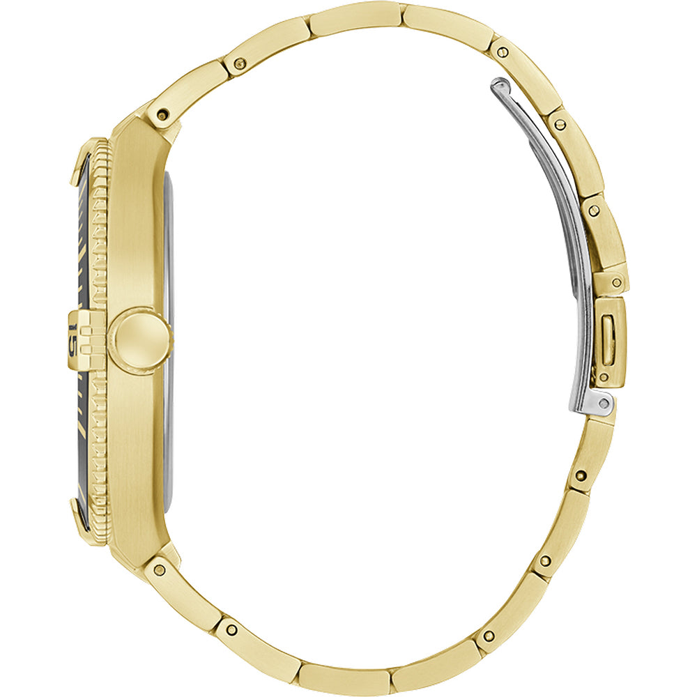 Side view of GUESS Mod. PREMIER wristwatch with quartz movement and gold-tone design, water resistant to 3 ATM, in official packaging.