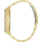 Side view of GUESS Mod. PREMIER wristwatch with quartz movement and gold-tone design, water resistant to 3 ATM, in official packaging.