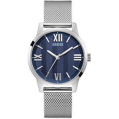 Alt Tag: GUESS WATCHES Mod. GW0214G1 silver quartz analog watch with blue dial and mesh band, 42 mm case, 5 ATM water resistance.