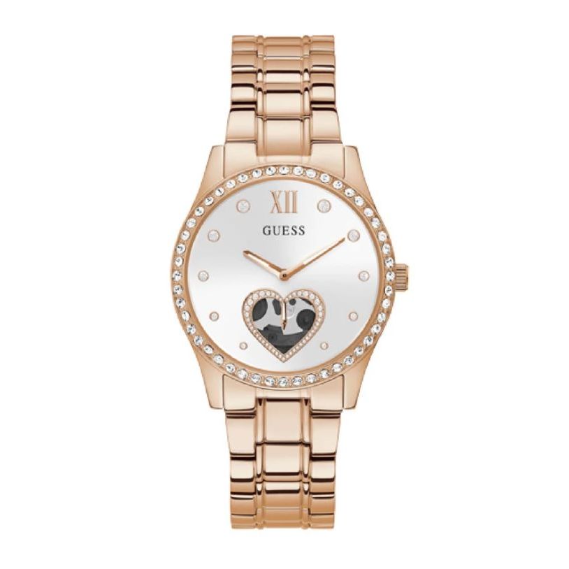 Rose gold GUESS Mod. GW0380L3 quartz analog lady's watch with crystal accents and heart detail, water resistant, 38mm case.