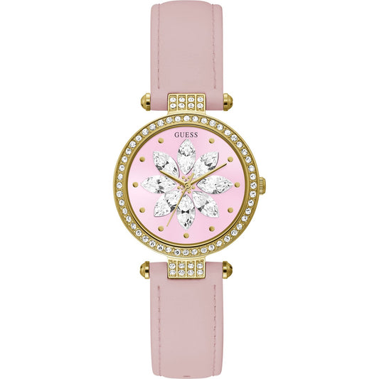 GUESS Mod. GW0382L1 pink and gold ladies analog watch with quartz movement and 32mm case, featuring a floral dial design.