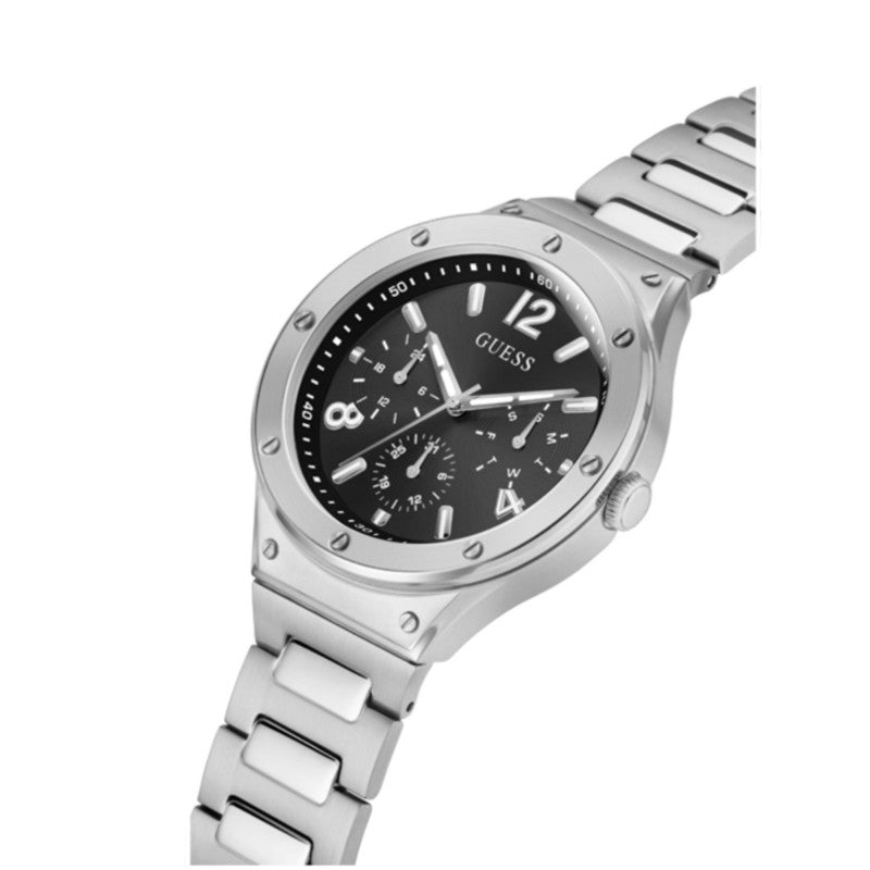 GUESS Mod. GW0454G1 quartz analog watch for gents with silver 925° case, 44mm diameter, mineral dial, and 5 ATM water resistance.
