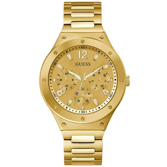 Gold dress watch with analog quartz movement and mineral dial, designed for men. GUESS Mod. GW0454G2, with 44mm case, water resistant.