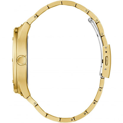 Side view of GUESS Mod. GW0454G2 gent's watch with gold-tone casing and bracelet, quartz movement, and 5 ATM water resistance.