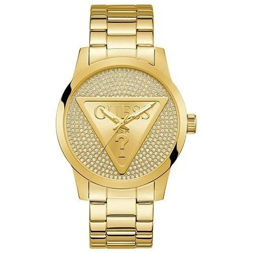 Alt Tag: GUESS Mod. BADGE gold watch with crystal detailing and signature triangle logo.