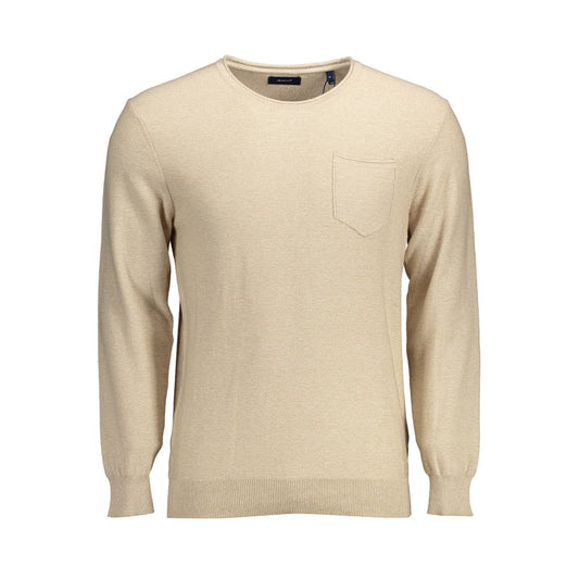 Gant Beige Cotton Men Sweater with crew neck and pocket, featuring classic design and iconic emblem for stylish elegance.