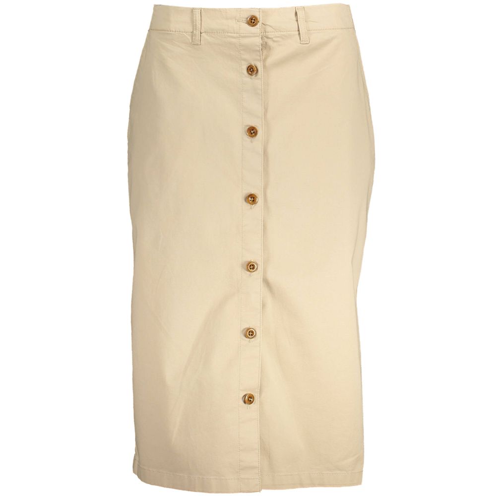 Gant Beige Cotton Women Skirt with button-up design and four pockets, perfect blend of chic and comfort for versatile day-to-night fashion.