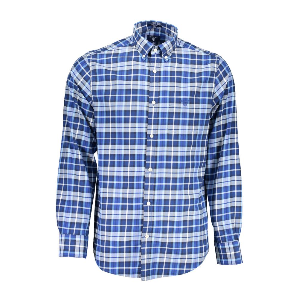 Gant Blue Cotton Men Shirt with button-down collar and single pocket, featuring classic plaid design for timeless style.