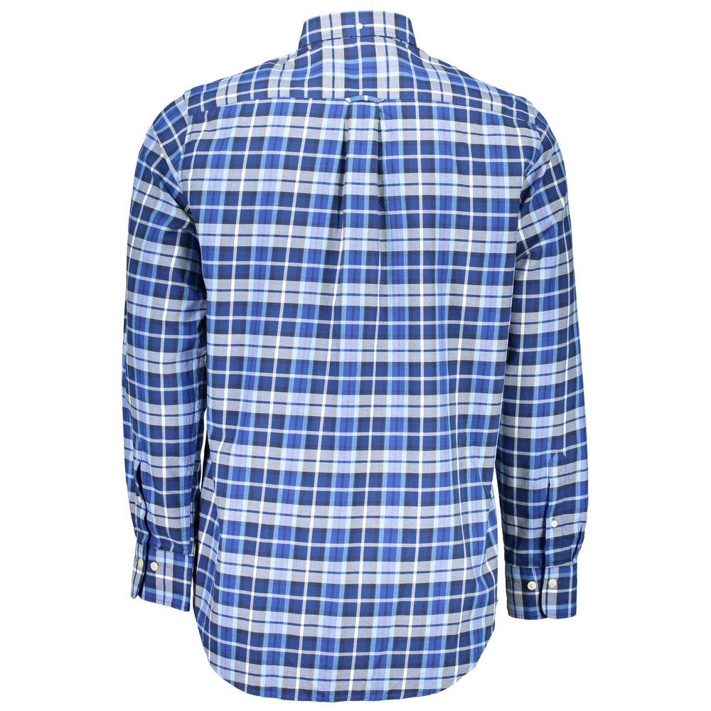 Back view of Gant Blue Cotton Men Shirt showcasing plaid design and long sleeves