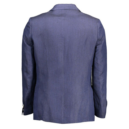 Back view of Gant Blue Linen Men Jacket with long sleeves and tailored fit for style and comfort.