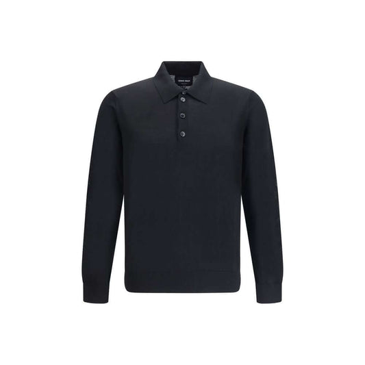 Giorgio Armani Black Fleece Wool Sweatshirt with polo collar and three-button closure, ribbed cuffs and hem, 100% fleece wool, Made in Italy.