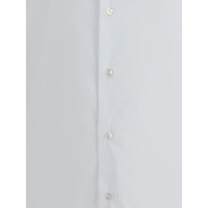 Close-up of Giorgio Armani White Cotton Dress Shirt with pearl button closure.