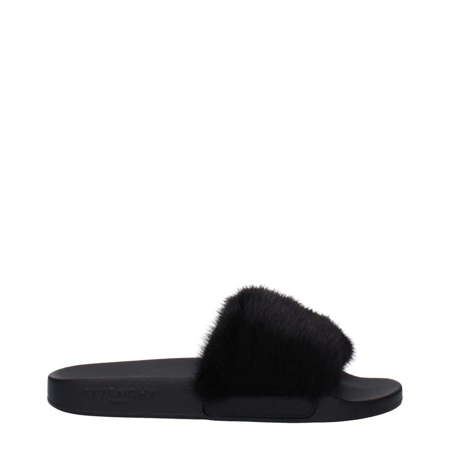 Givenchy Black Cotton Slippers with side logo, open toe, rubber sole, low flat heel, casual style.