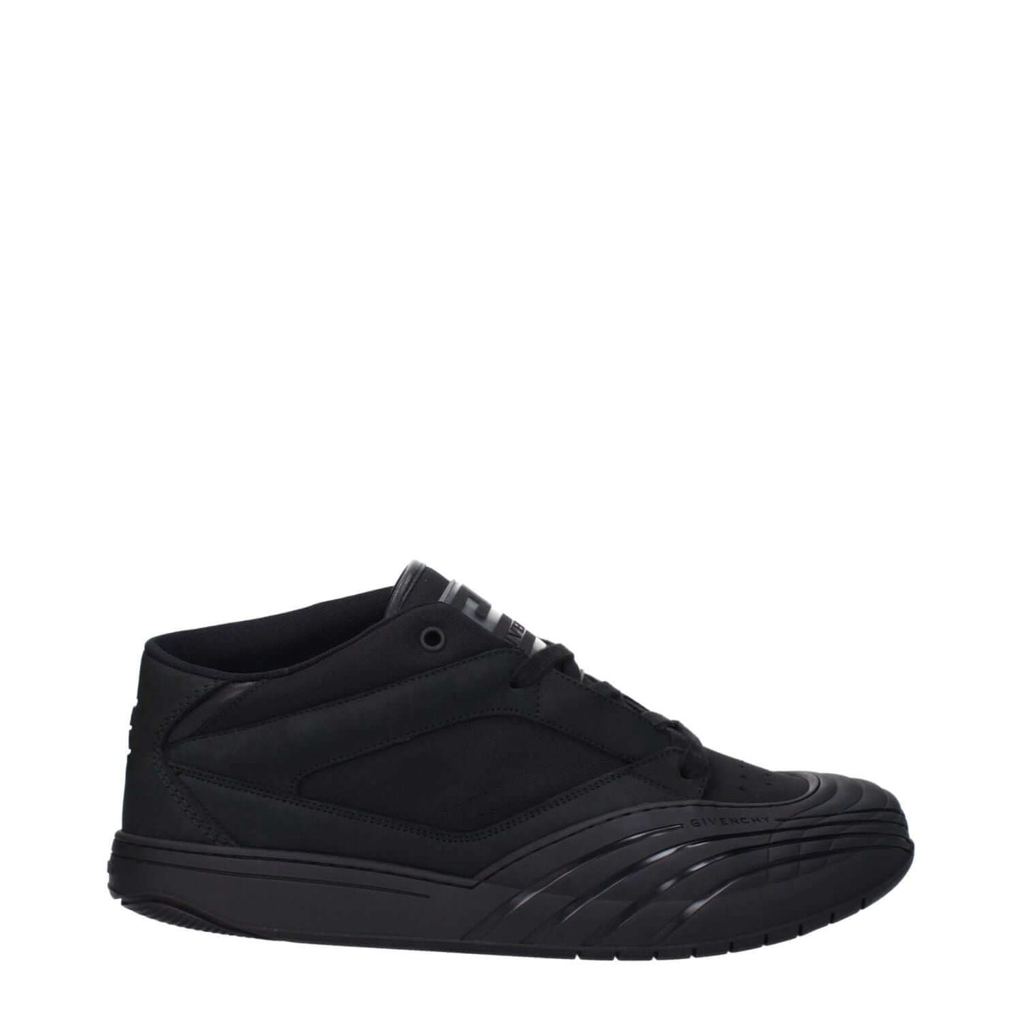 Givenchy Black Fabric Low Top Sneakers with logos and lace-up closure, rubber sole, and round toe design.