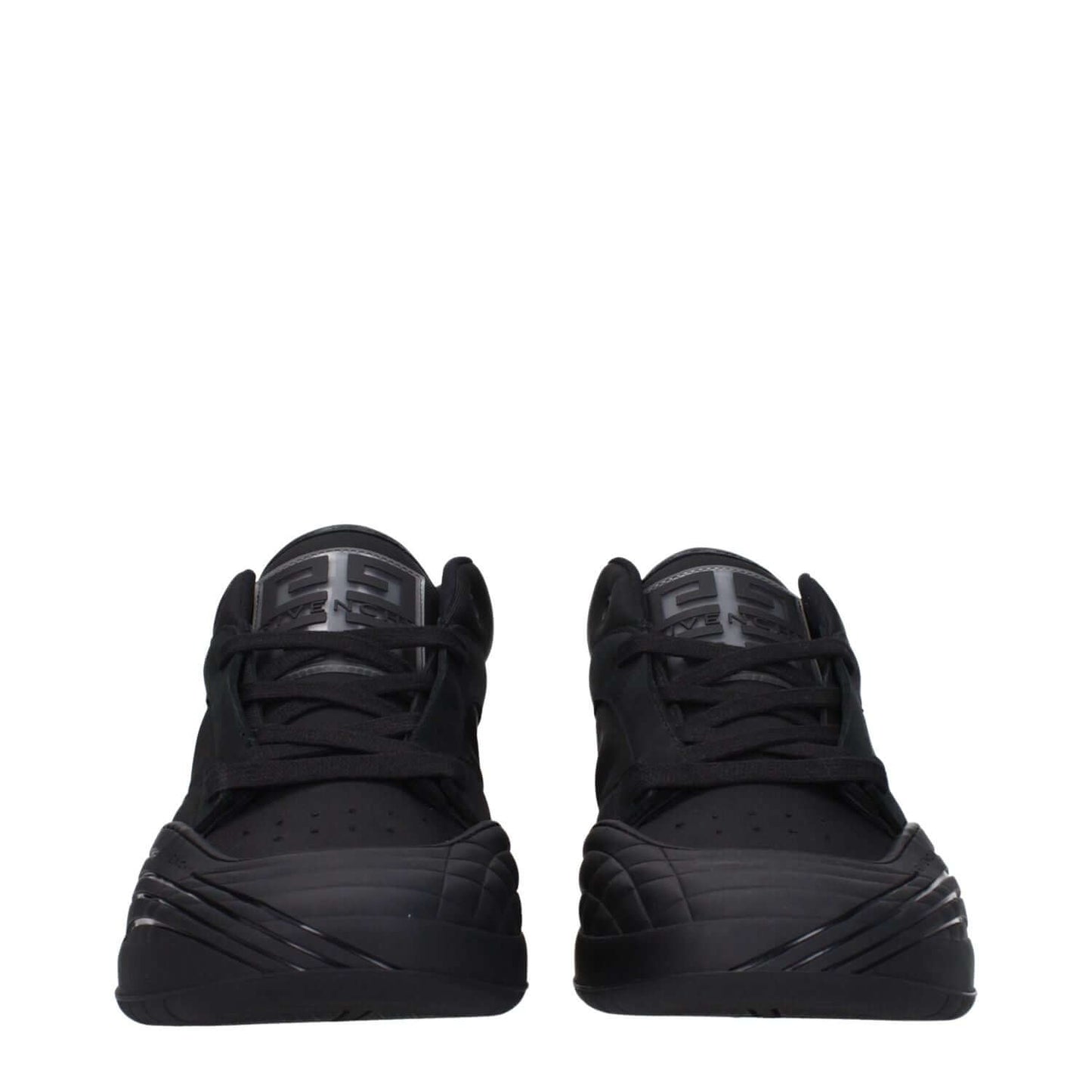 Front view of Givenchy Black Fabric Low Top Sneakers with logo details and rubber sole.