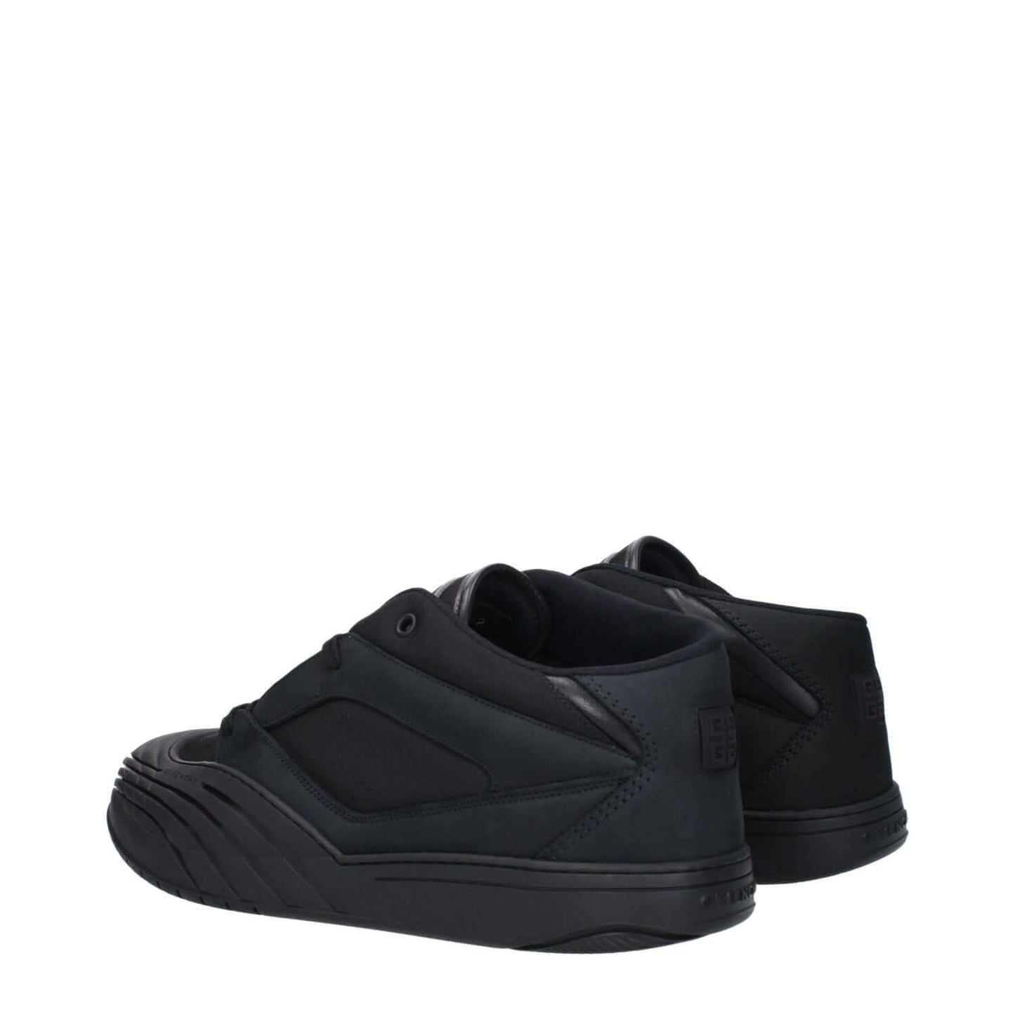 Givenchy Black Fabric Low Top Sneakers with logos, casual lace-up design, round toe, rubber sole.