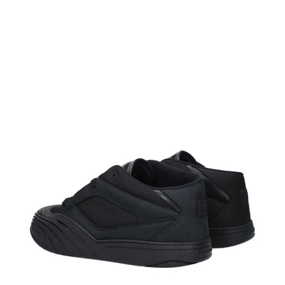 Givenchy Black Fabric Low Top Sneakers with logos, casual lace-up design, round toe, rubber sole.