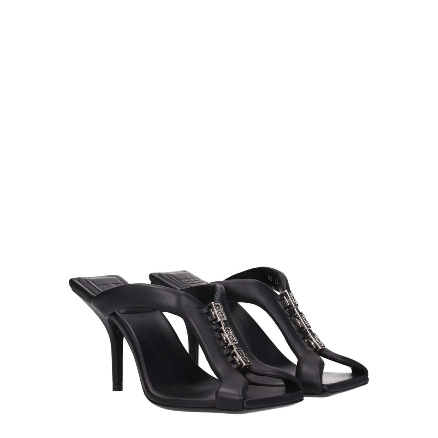 Givenchy Black Leather Stiletto Heel Sandals with open toe and silver details, featuring leather sole and high heel, style BE3077E1LE001.