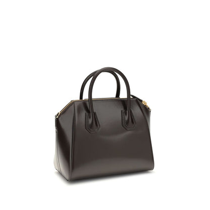 Givenchy Brown Calf Leather Bos Taurus Handbag with glossy finish, two handles, removable strap, zipper closure, and front logo.