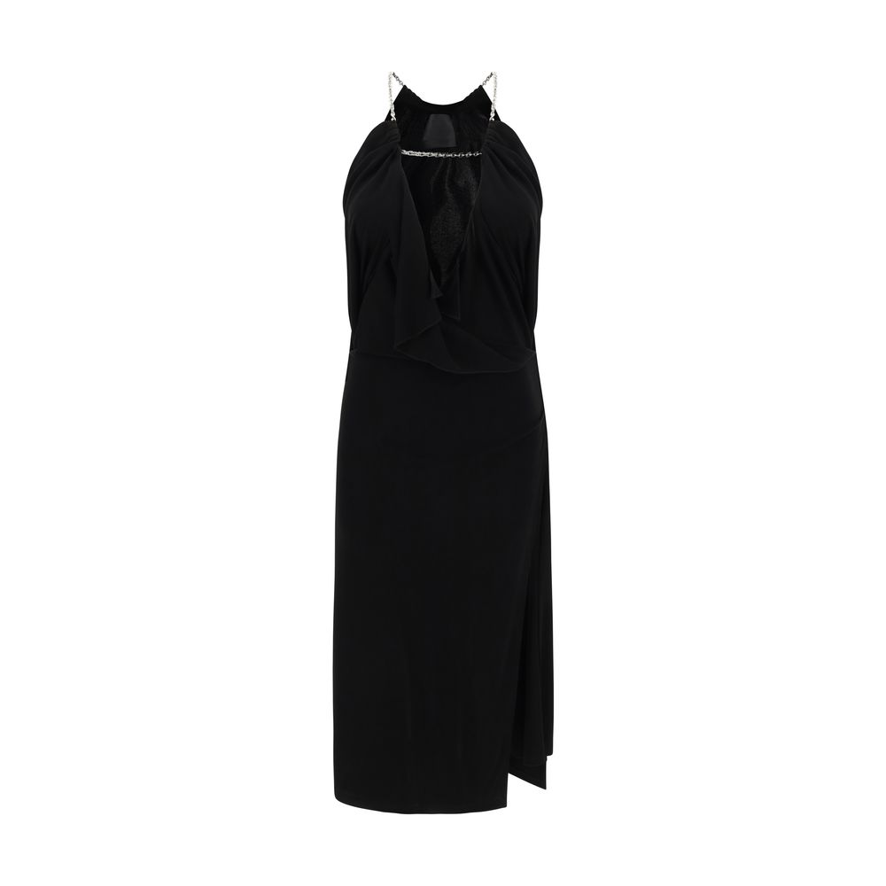 Givenchy Midi Dress with halter neckline featuring chain embellishment, cut-out front, deep V-neck, sleeveless, double-breasted design, front slit.