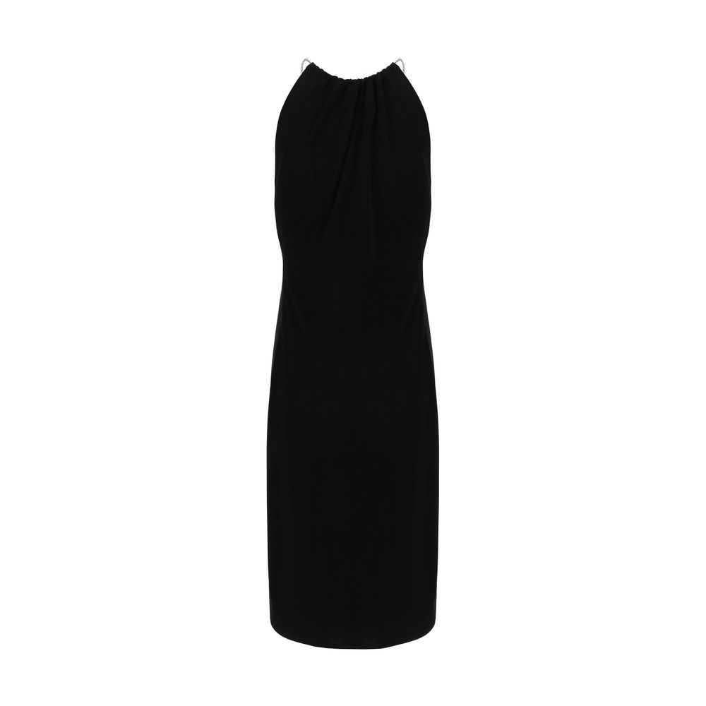 Givenchy Midi Dress with halter neckline featuring chain embellishment, cut-out front detail, and wide slit for an elegant look.