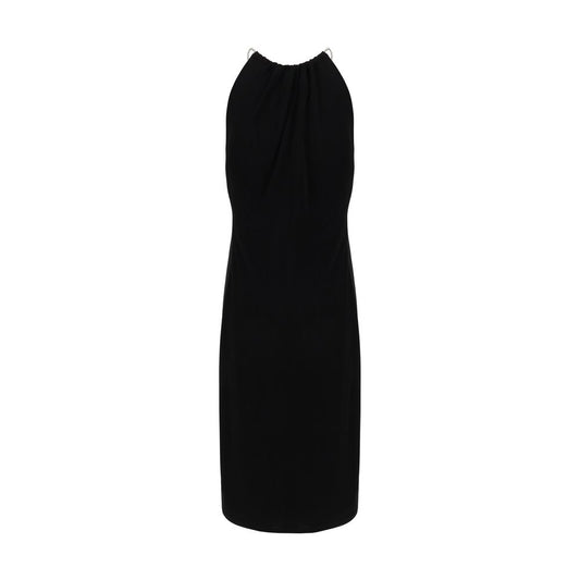 Givenchy Midi Dress with halter neckline featuring chain embellishment, cut-out front detail, and wide slit for an elegant look.