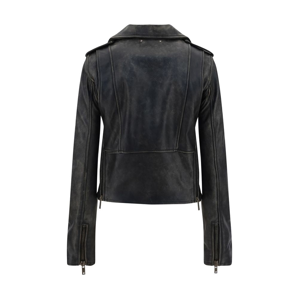 Golden Goose Black Calf Leather Bos Taurus Biker Jacket back view showing zipper cuffs and classic lapels.
