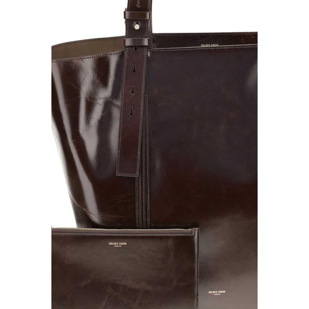 Golden Goose Brown Calf Leather Bos Taurus Shoulder Bag with adjustable handles and shiny finish.