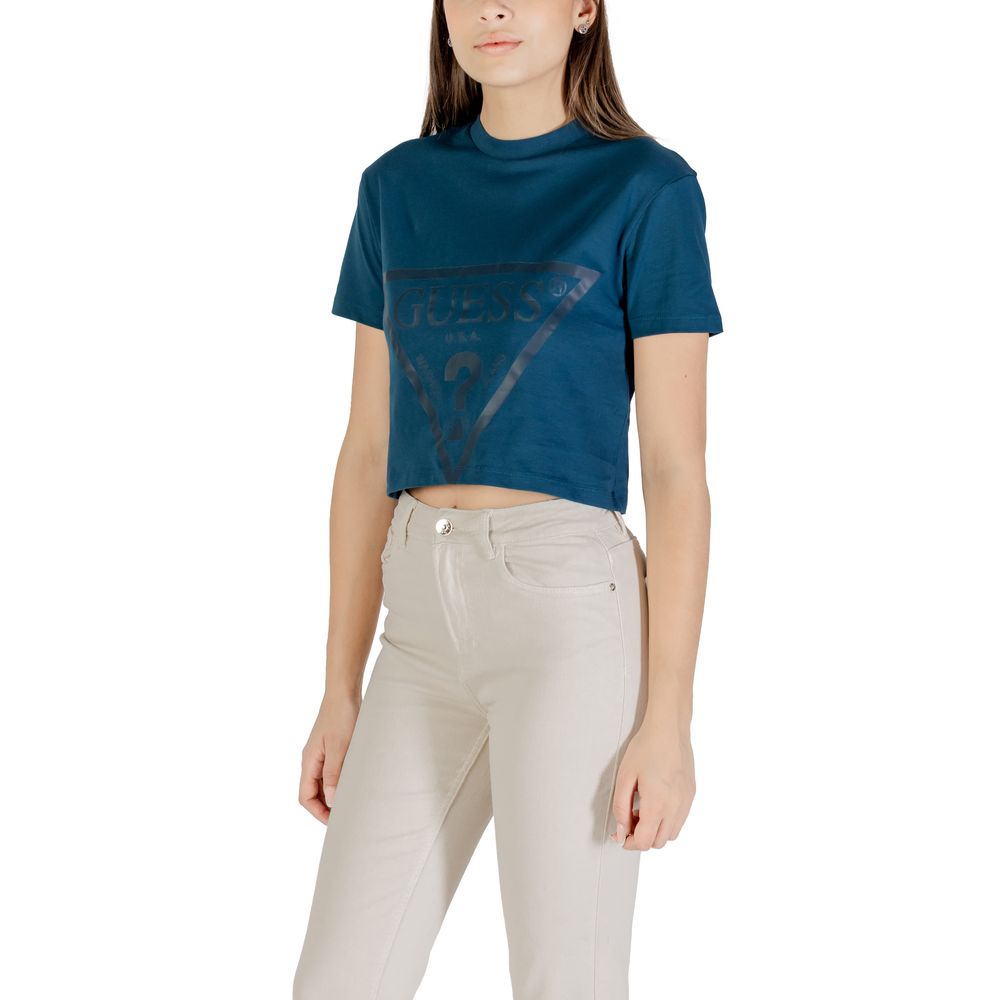 Woman wearing Guess Active Black Cotton Sportswear Adele Crop T-shirt with iconic logo