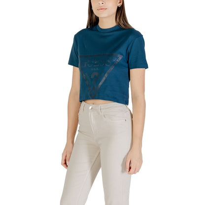 Woman wearing Guess Active Black Cotton Sportswear Adele Crop T-shirt with iconic logo