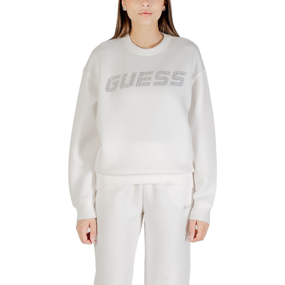 Woman wearing Guess Active Cream Viscose Sweatshirt with logo, featuring stylish design and comfortable fit, ideal for casual wear.