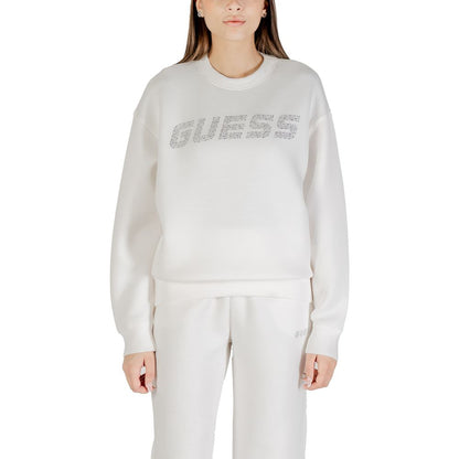 Woman wearing Guess Active Cream Viscose Sweatshirt with logo, featuring stylish design and comfortable fit, ideal for casual wear.