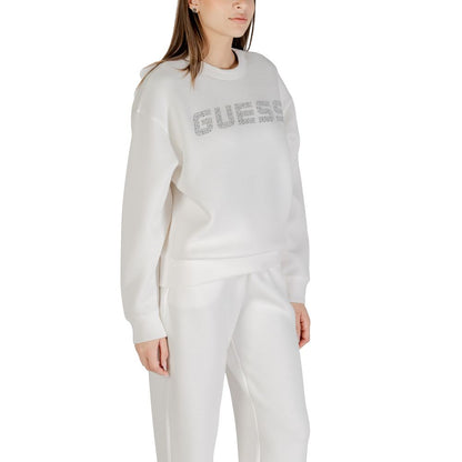 Woman wearing Guess Active Cream Viscose Sweatshirt, showcasing elegant design with Guess logo, ideal for casual stylish looks.