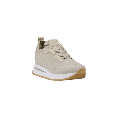 Guess Beige Polyester Low Top Sneakers with technical fabric upper and laces, featuring Guess logo on the side for a stylish look.