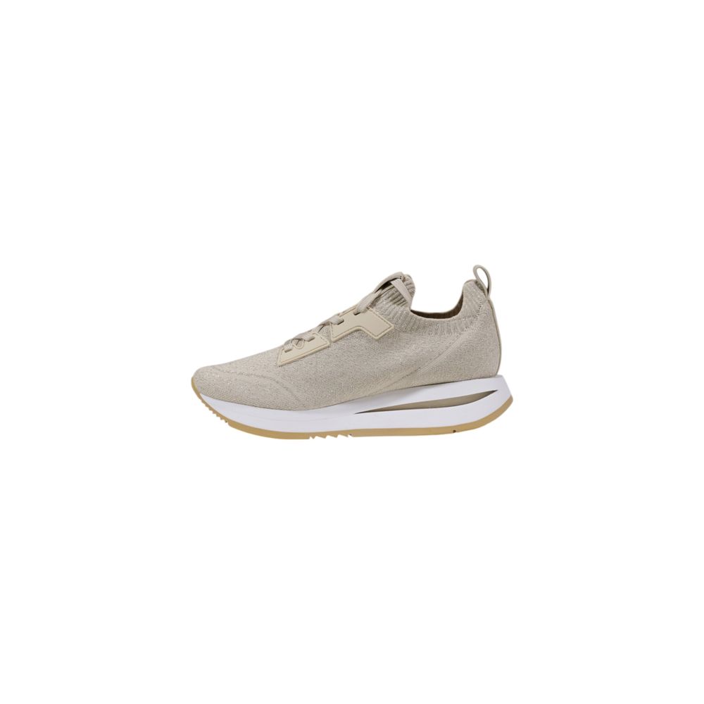 Guess Beige Polyester Low Top Sneakers for women with modern silhouette and Guess logo, crafted from technical fabric, side view.
