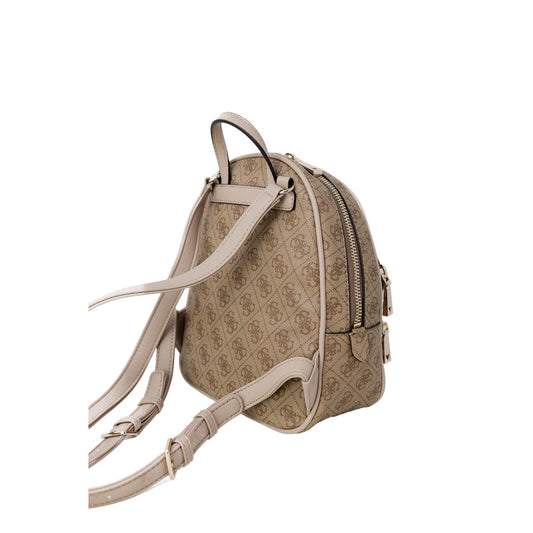 Guess Beige Polyethylene Backpack with 4G logo pattern and gold-tone details, elegant style for women, featuring front zip pocket.