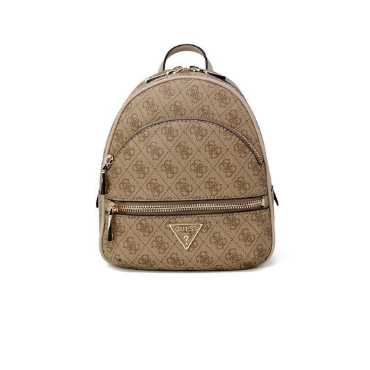 Guess Beige Polyethylene Backpack with 4G logo pattern and gold-tone details; modern, elegant accessory with zip pockets.
