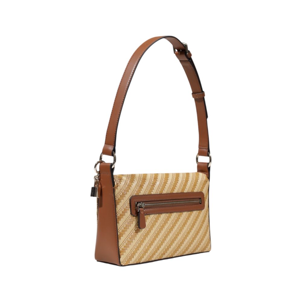 Guess Beige Polypropylene Handbag with diagonal stripe design and adjustable shoulder strap