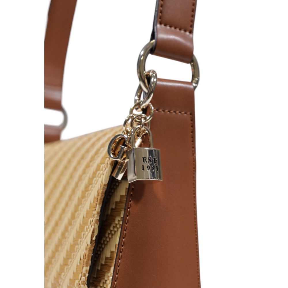 Close-up of Guess Beige Polypropylene Handbag with lock charm and diagonal stripe texture, showcasing modern elegance.