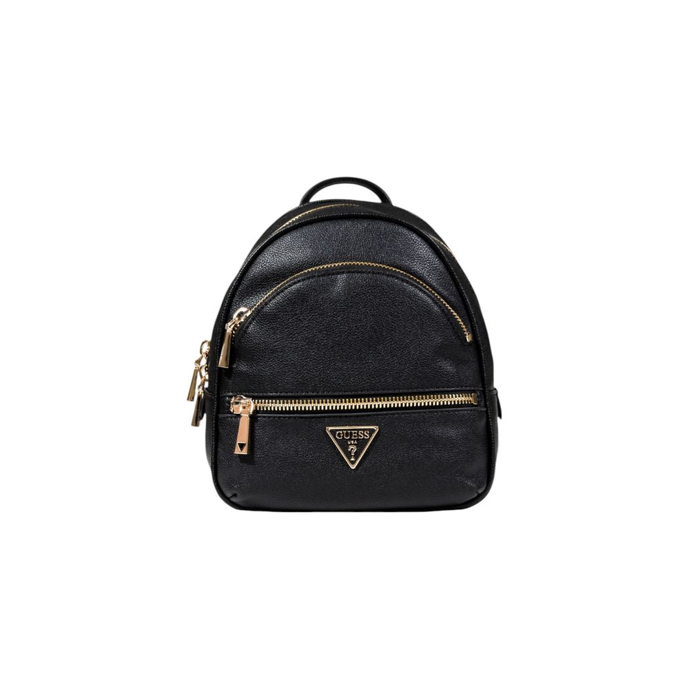 Guess Black Artificial Leather Backpack with elegant metal details, eco-friendly design, perfect for fashion and functionality.