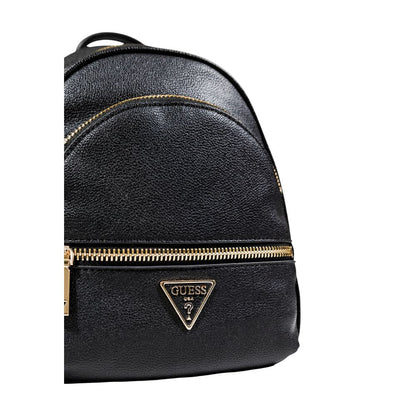 Close-up of Guess Black Artificial Leather Backpack with gold metal details and logo badge