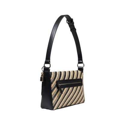 Guess Black Polypropylene Handbag with diagonal stripes, adjustable strap, and flap closure, showcasing style and practicality for women.