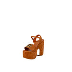 Guess Brown Suede Leather High Heel with platform and adjustable strap, featuring metallic detail and chunky heel for an elegant look.
